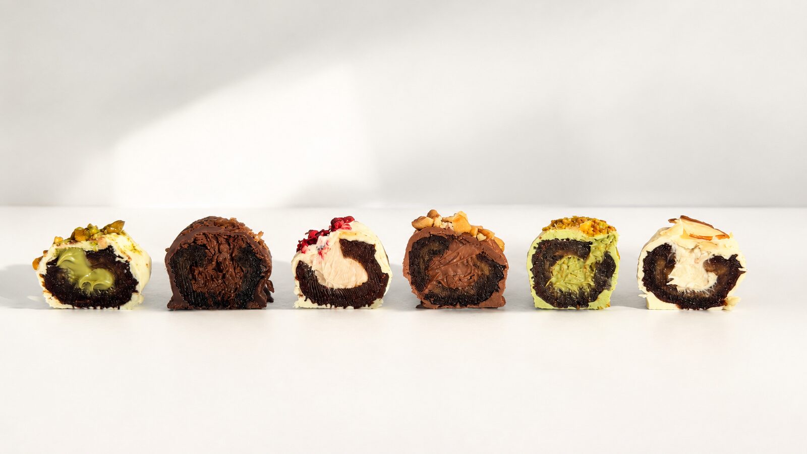 A row of cream-filled royal dates cut open to show pistachio, chocolate, berry, hazelnut and coconut fillings, on a white surface