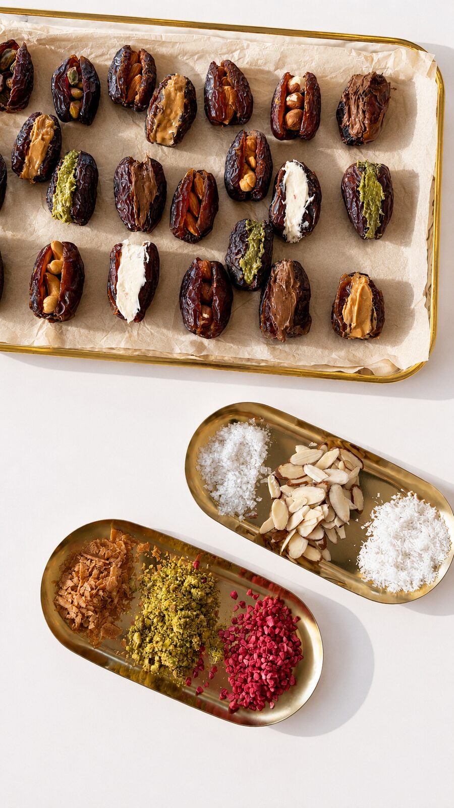 A tray of assorted chocolate-coated royal dates beside gold dishes of coconut, almonds, pistachio and freeze-dried berry toppings
