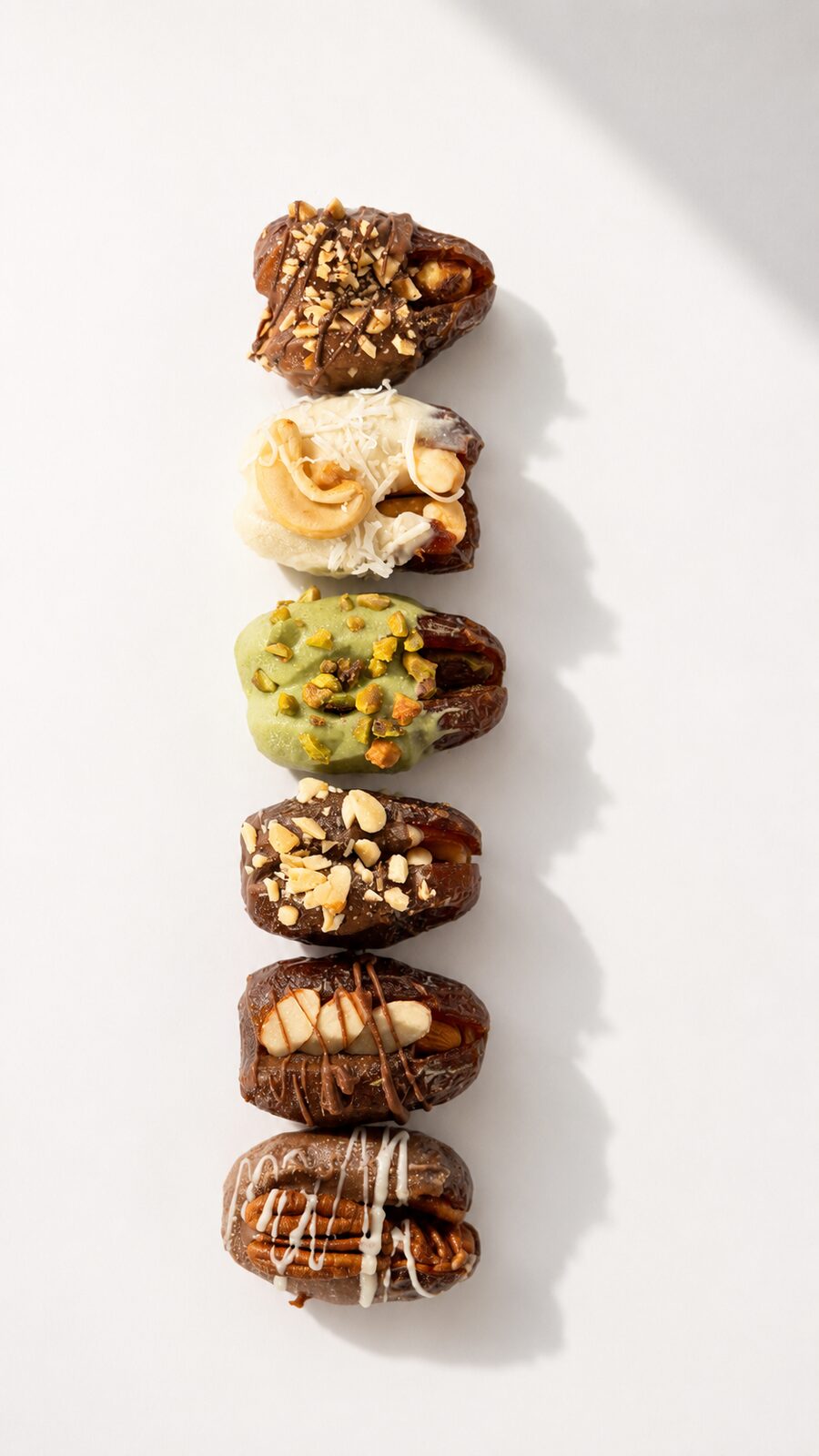 A vertical row of Belgian-chocolate-coated royal dates topped with pecan, cashew, pistachio, hazelnut and almond on a white surface
