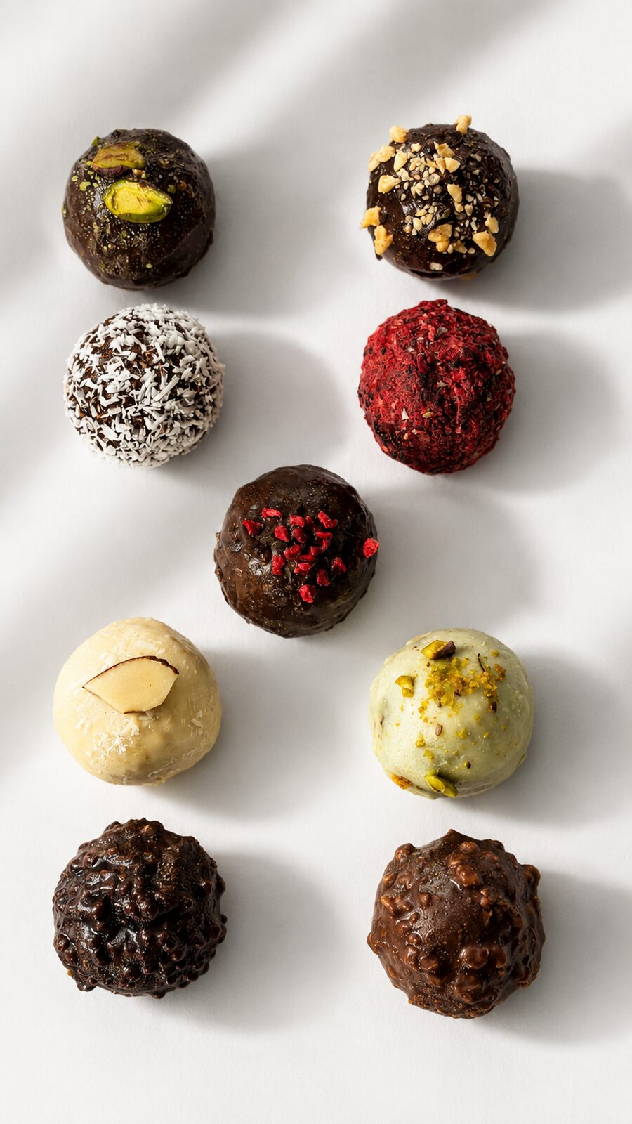 A grid of handcrafted chocolate candies in dark, milk and white chocolate with assorted toppings