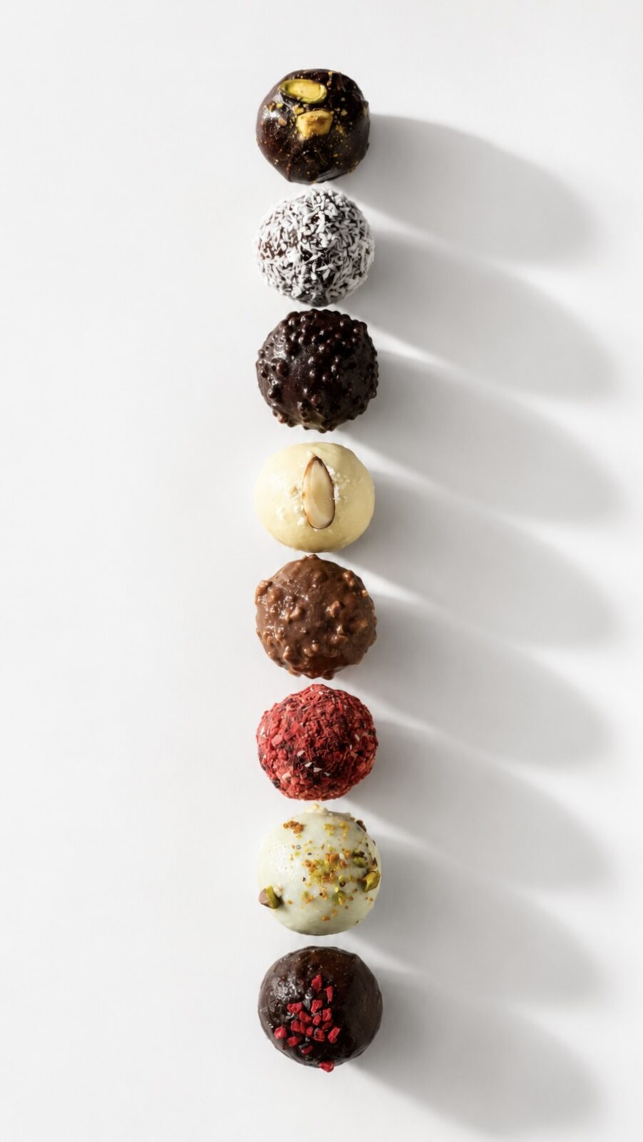 A vertical row of handcrafted chocolate candies with pistachio, coconut, berry and hazelnut finishes on a white surface