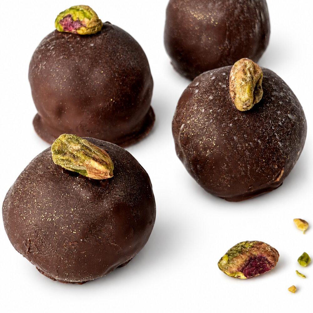 A BITEY protein chocolate in dark Belgian chocolate topped with a whole pistachio